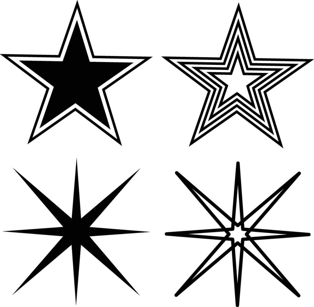 Set of vector stars. Collection of black and white shining stars