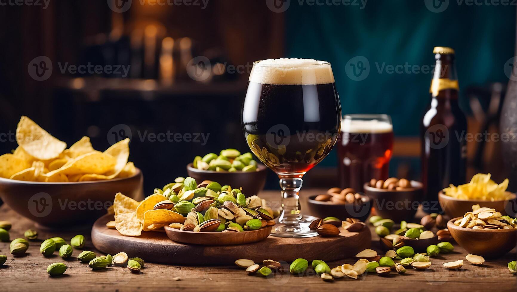 AI generated glasses with dark beer, various snacks on the table photo