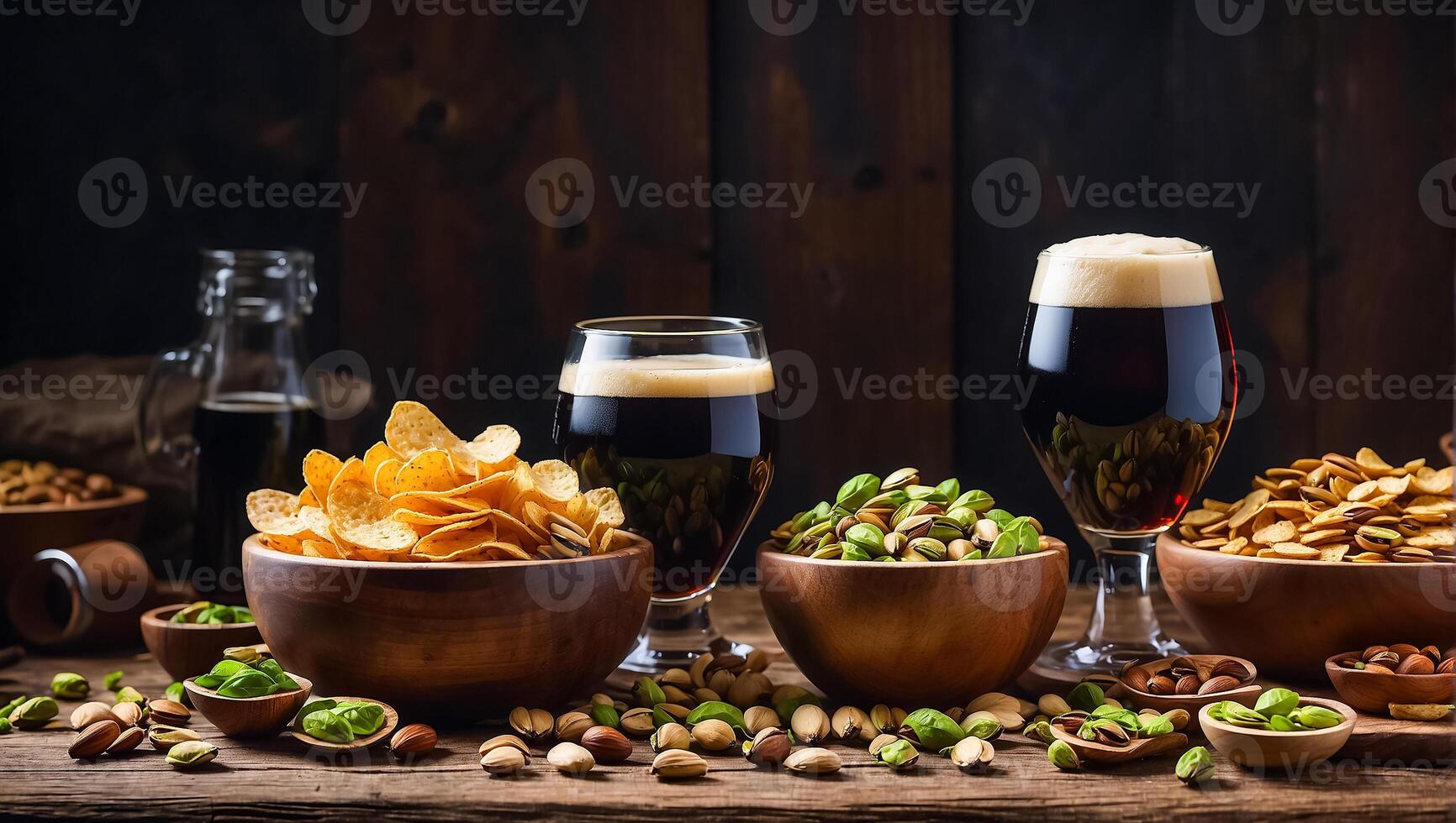 AI generated glasses with dark beer, various snacks on the table photo