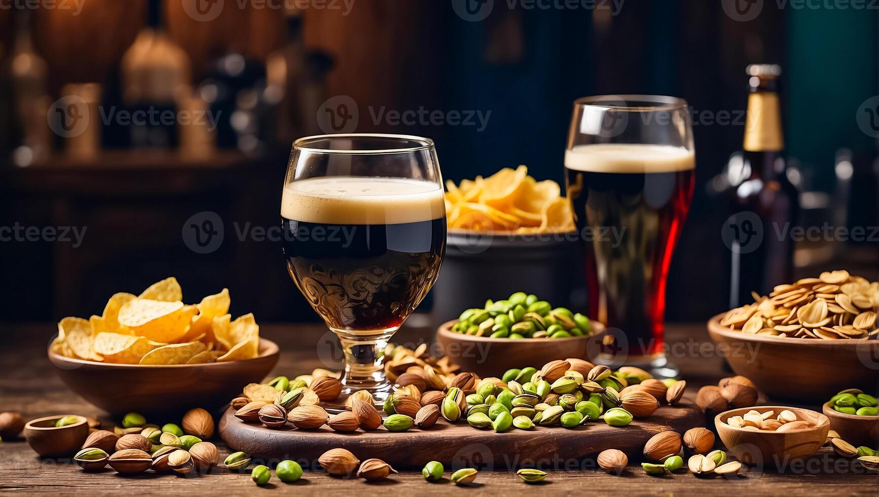 ai generado lentes con oscuro cerveza, varios meriendas en el mesa foto