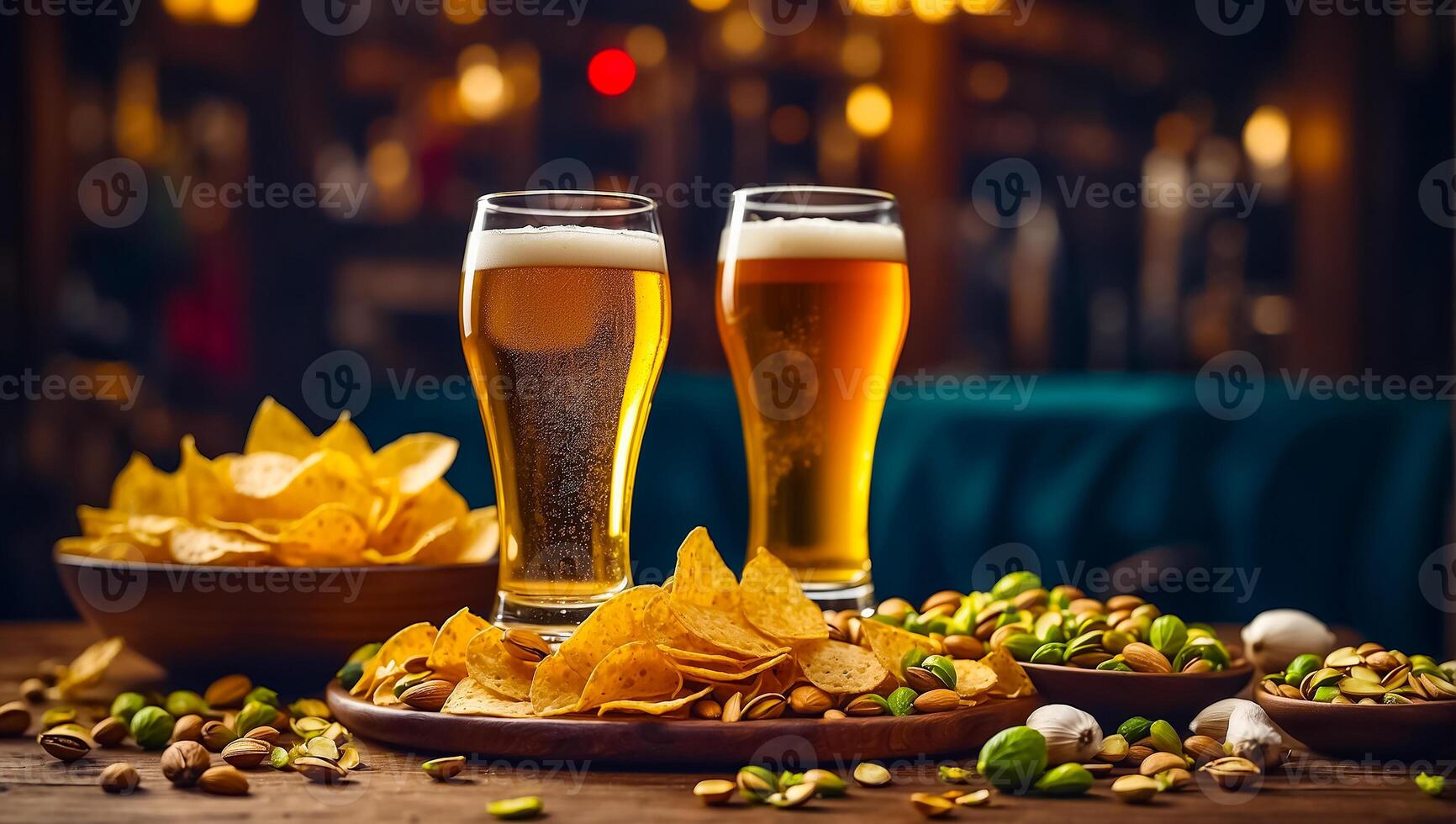 AI generated glasses with light beer, various snacks on the table photo