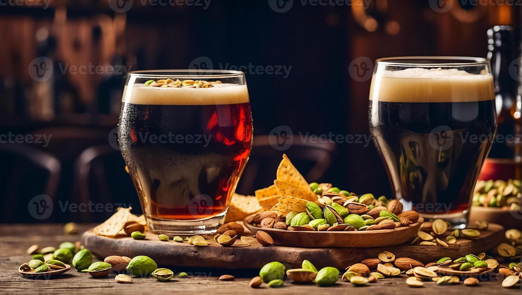 AI generated glasses with dark beer, various snacks on the table photo