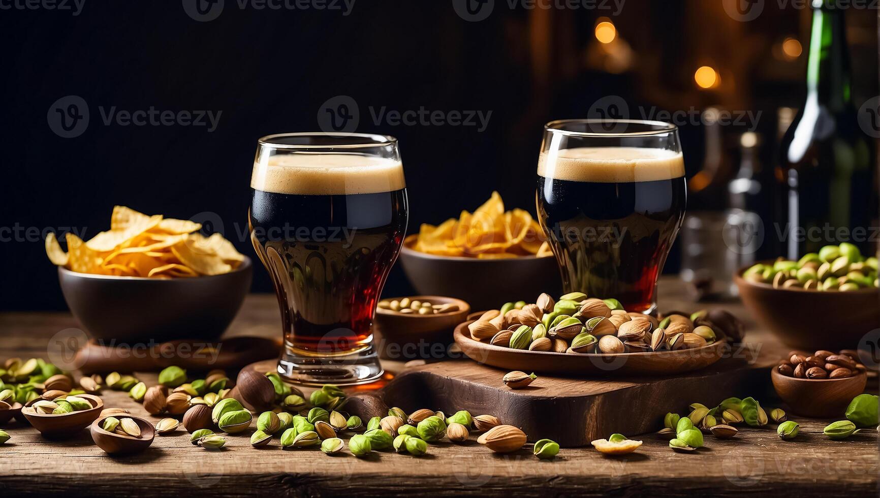 AI generated glasses with dark beer, various snacks on the table photo