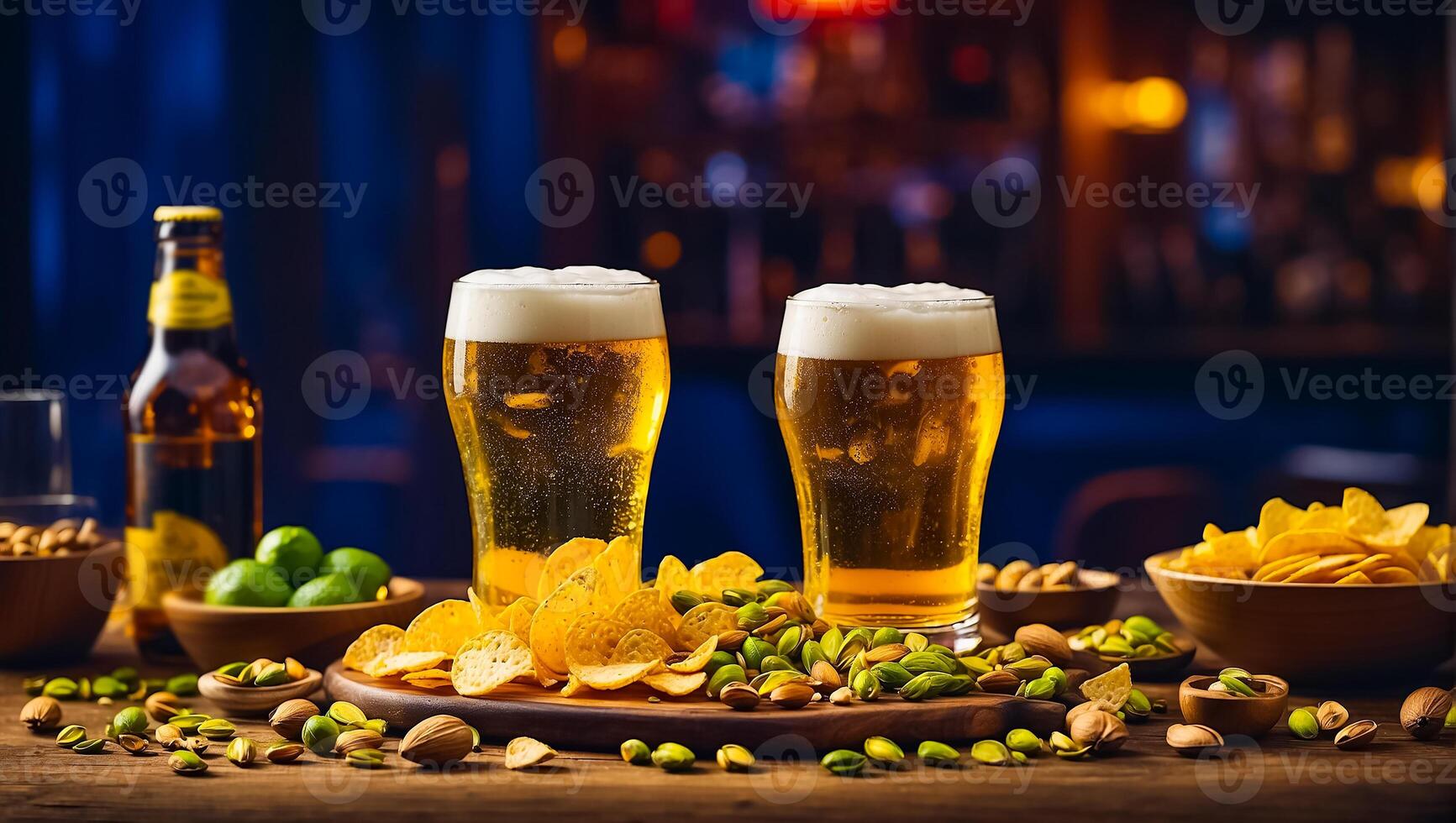 AI generated glasses with light beer, various snacks on the table photo