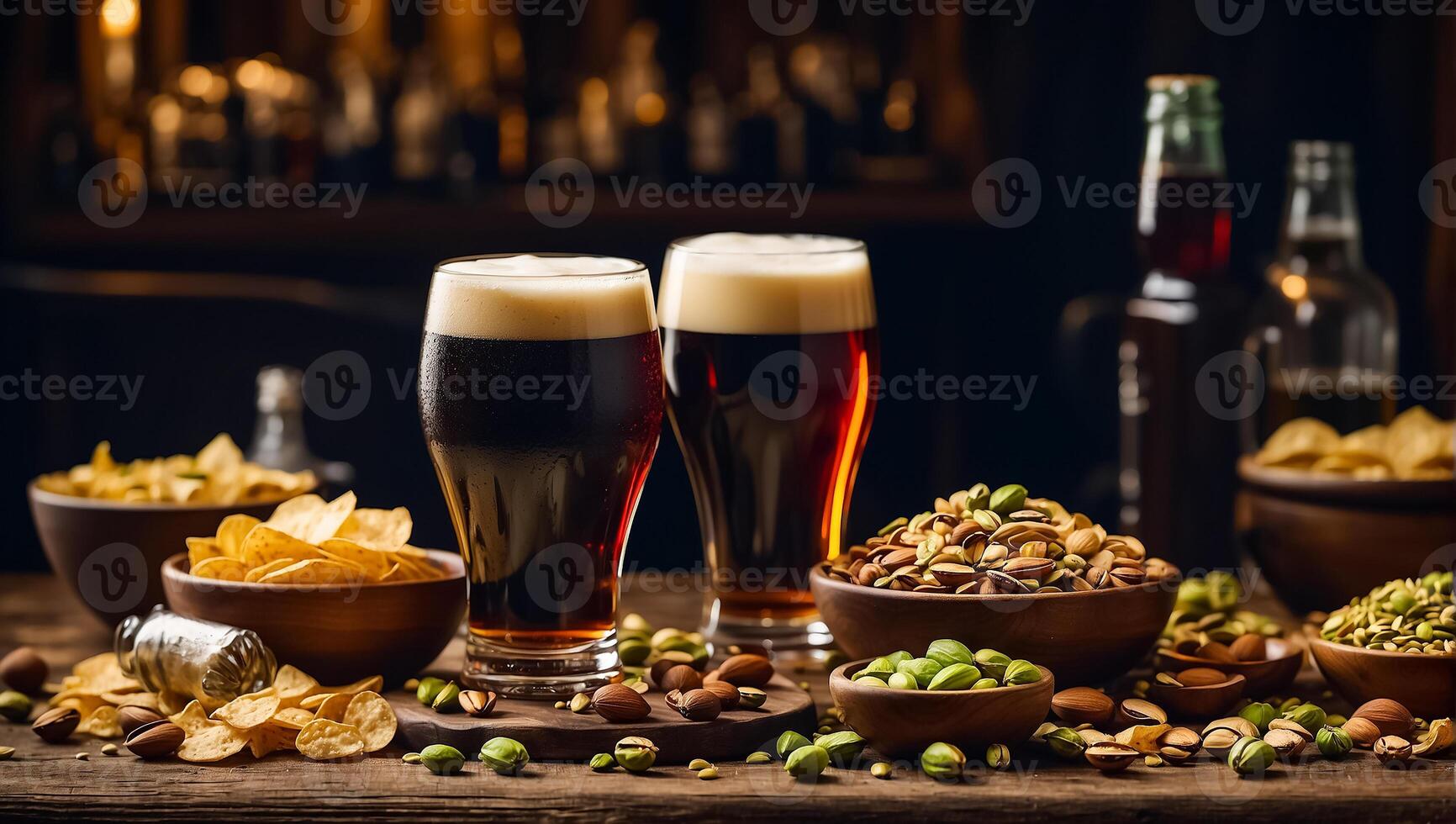 AI generated glasses with dark beer, various snacks on the table photo