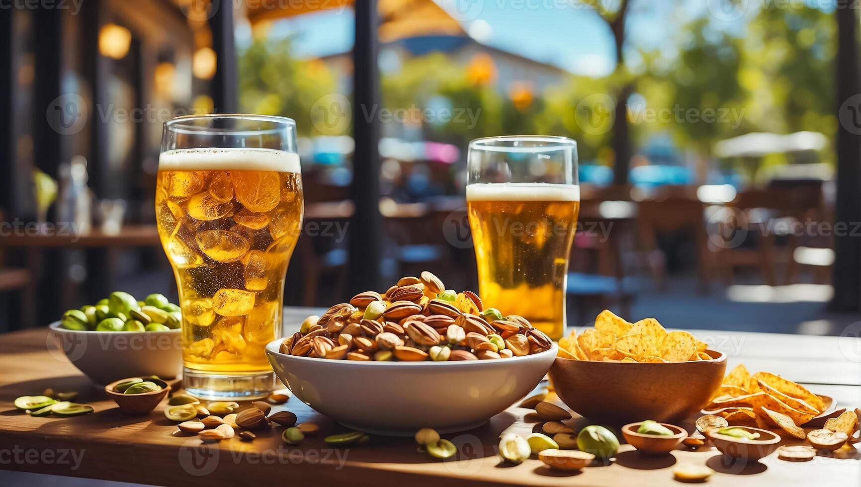 AI generated glasses with light beer, various snacks on the table photo