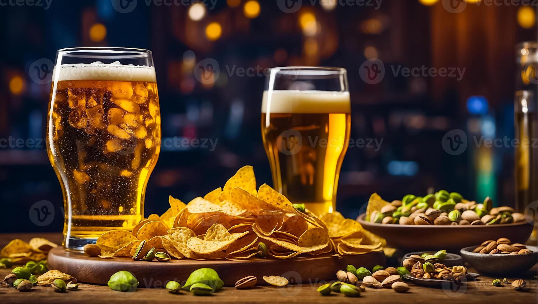 AI generated glasses with light beer, various snacks on the table photo
