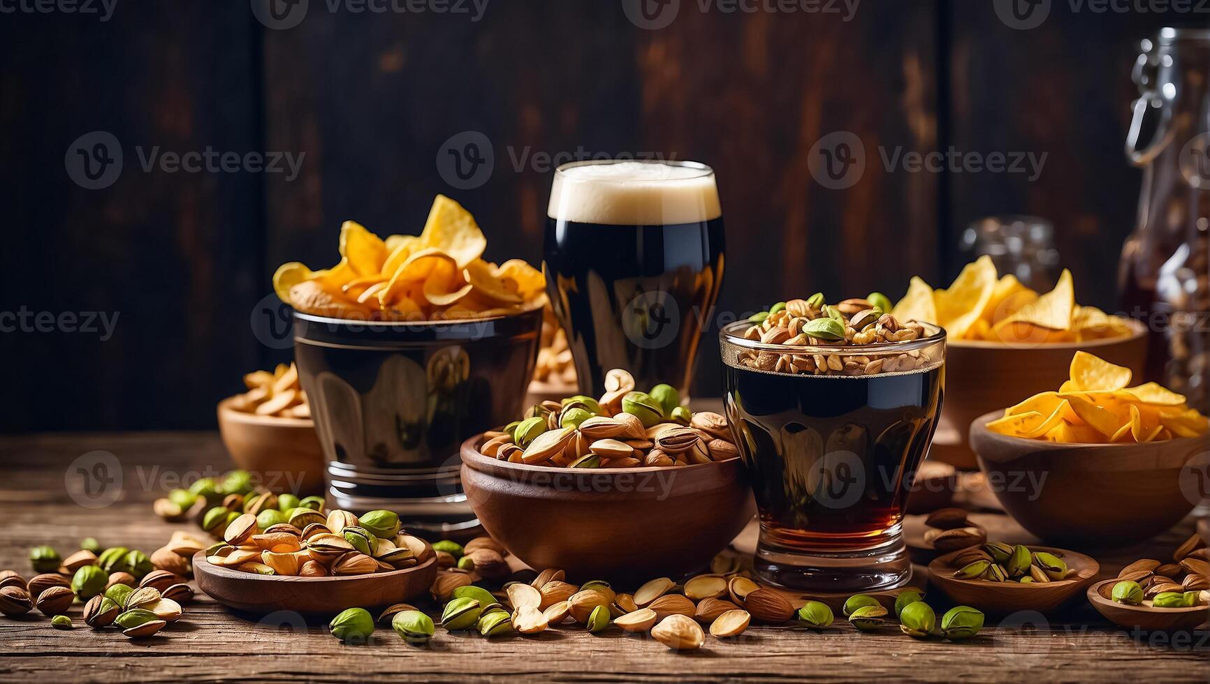 AI generated glasses with dark beer, various snacks on the table photo