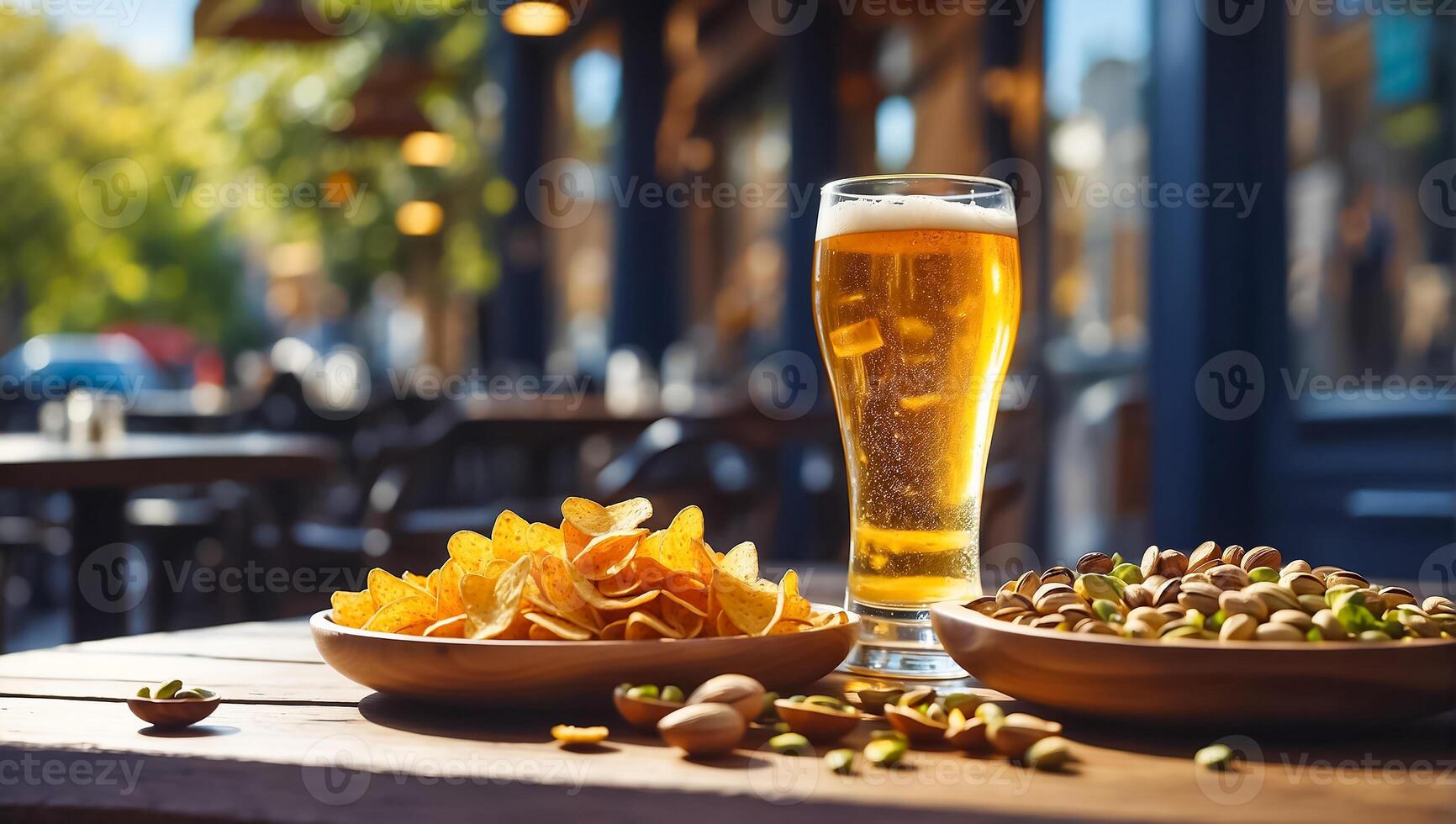 AI generated glasses with light beer, various snacks on the table photo