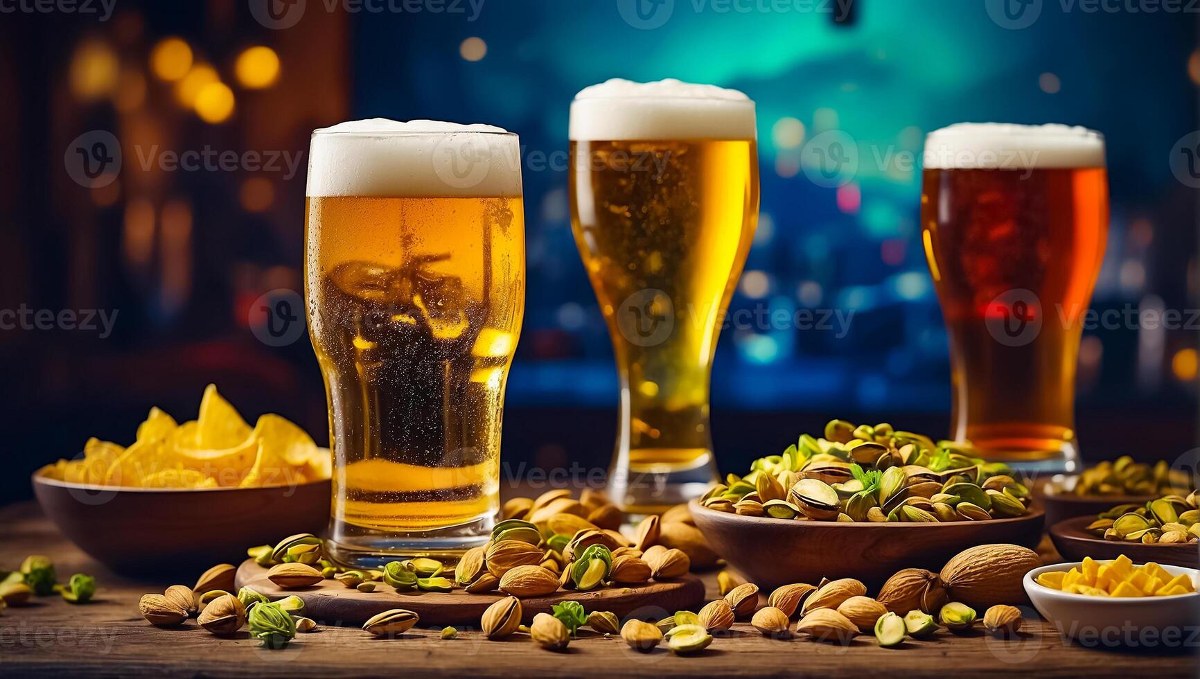 AI generated glasses with light beer, various snacks on the table photo
