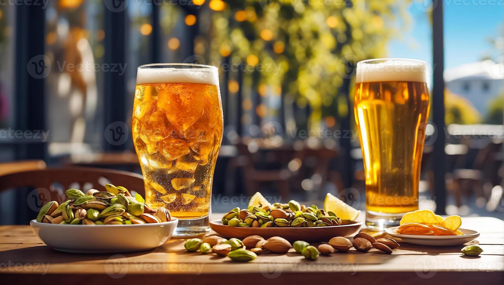 AI generated glasses with light beer, various snacks on the table photo