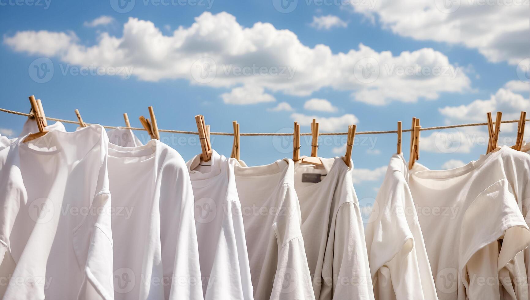 AI generated clean white T-shirt is drying on a clothesline against the sky photo