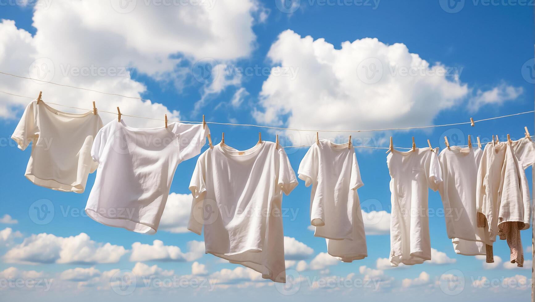 AI generated clean white T-shirt is drying on a clothesline against the sky photo