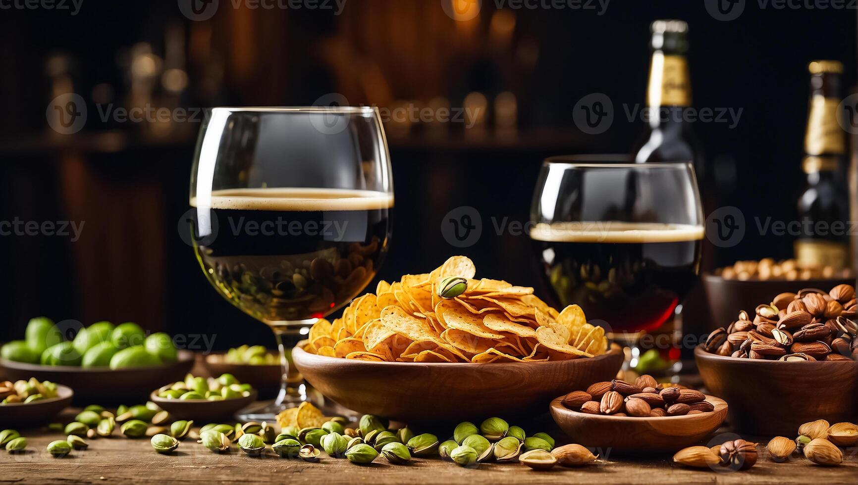 AI generated glasses with dark beer, various snacks on the table photo