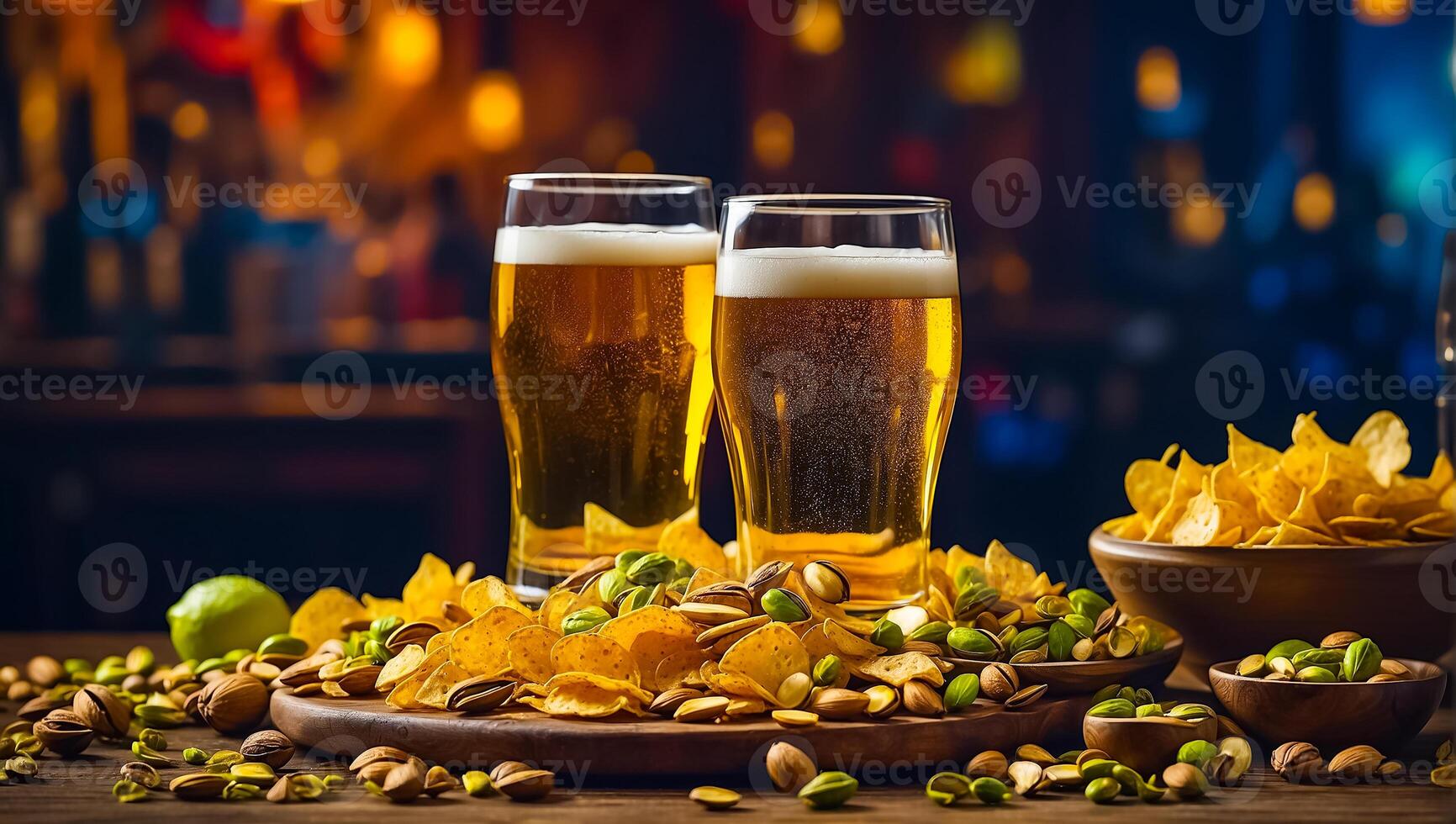 AI generated glasses with light beer, various snacks on the table photo