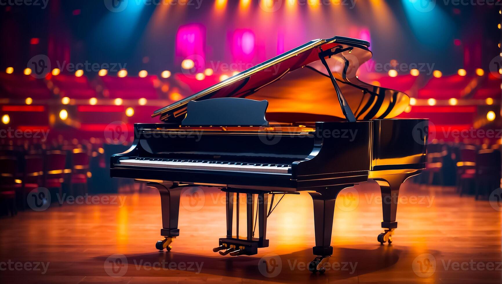 ai generado hermosa negro piano en el concierto salón foto