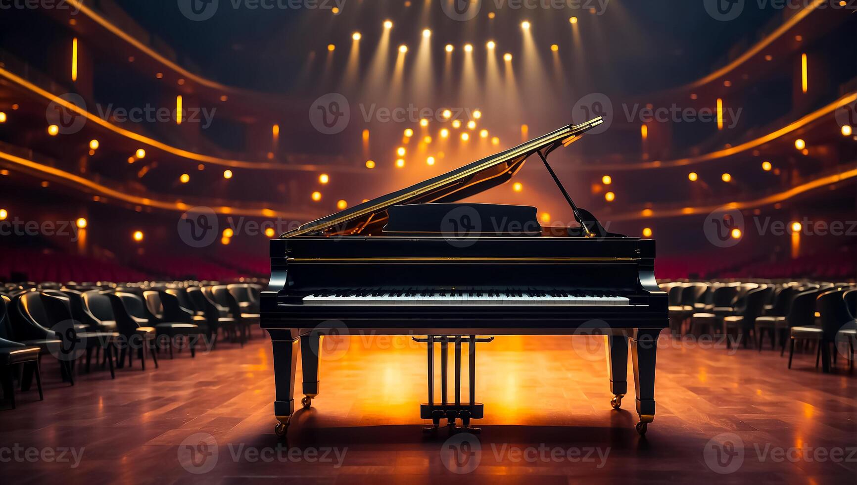 AI generated Beautiful black piano in the concert hall photo