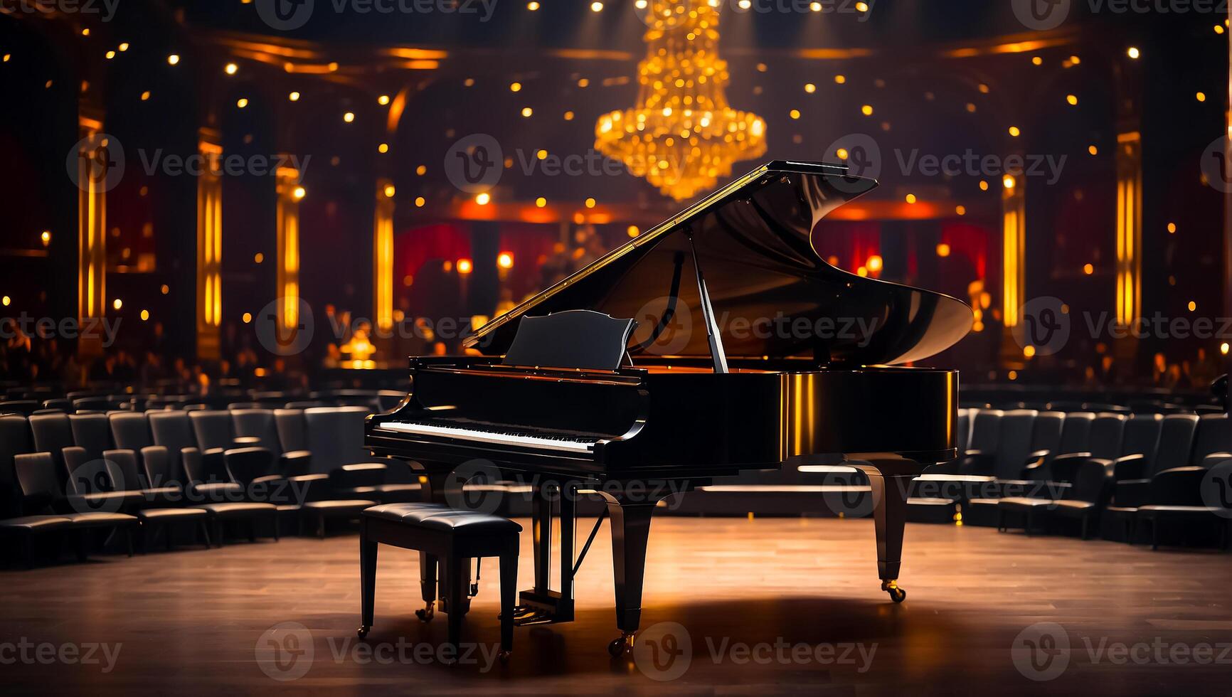 ai generado hermosa negro piano en el concierto salón foto