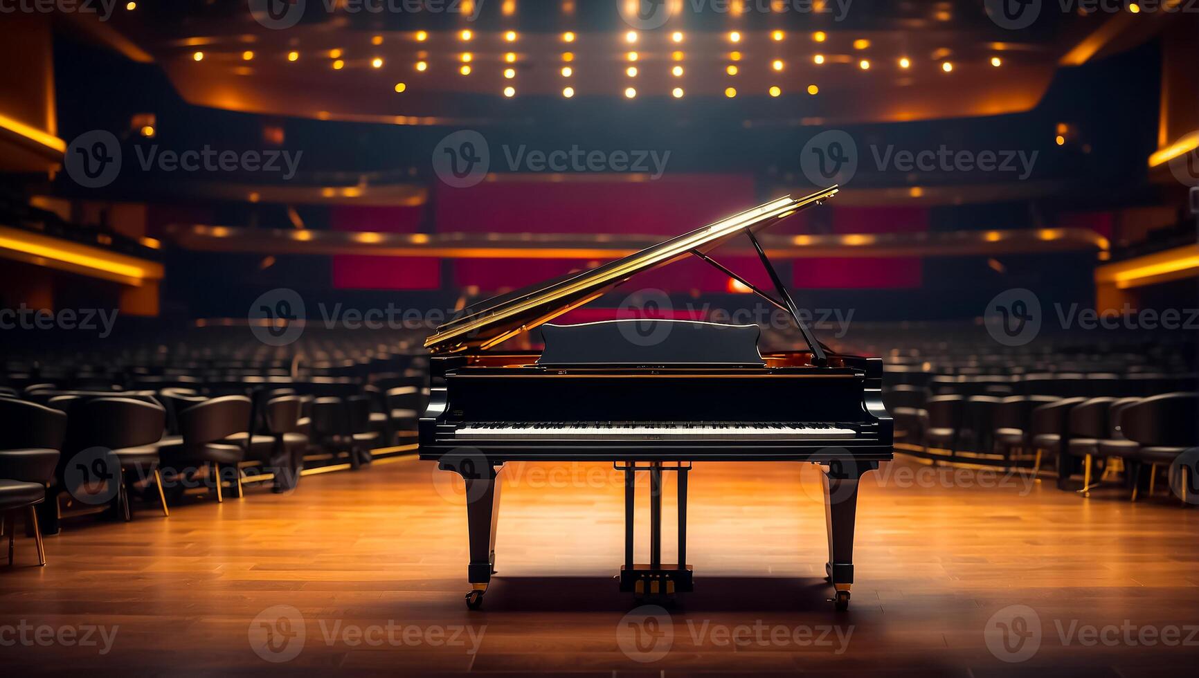 AI generated Beautiful black piano in the concert hall photo