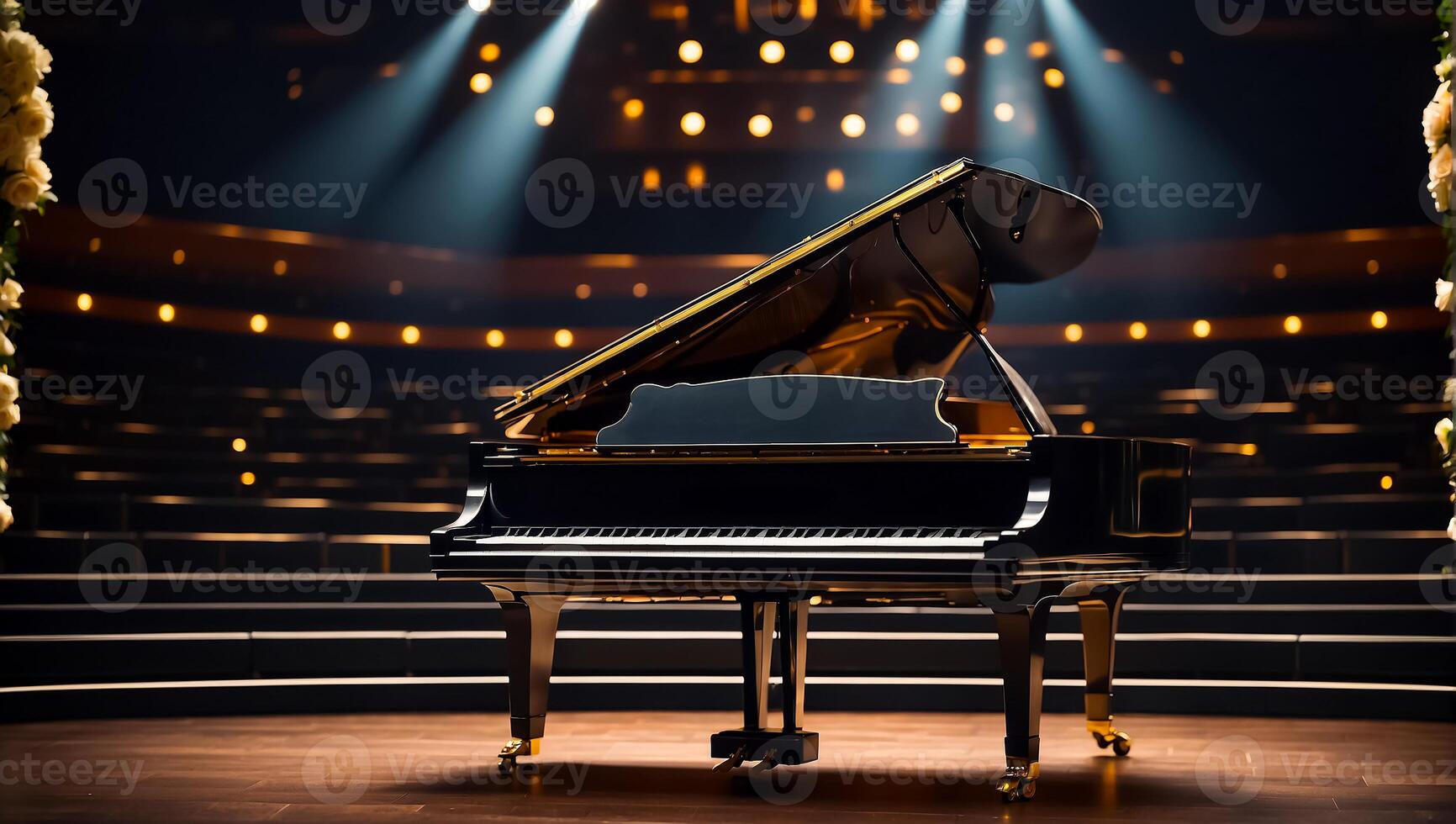 AI generated Beautiful black piano in the concert hall photo
