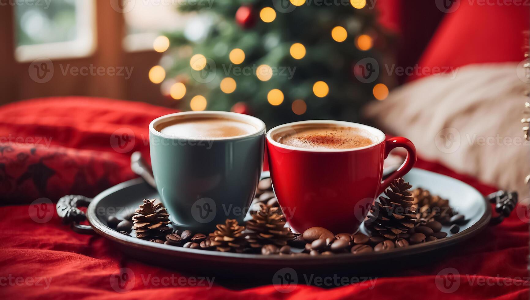 ai generado hermosa tazas con café en un bandeja, un pino cono, un Navidad árbol rama, en el dormitorio foto