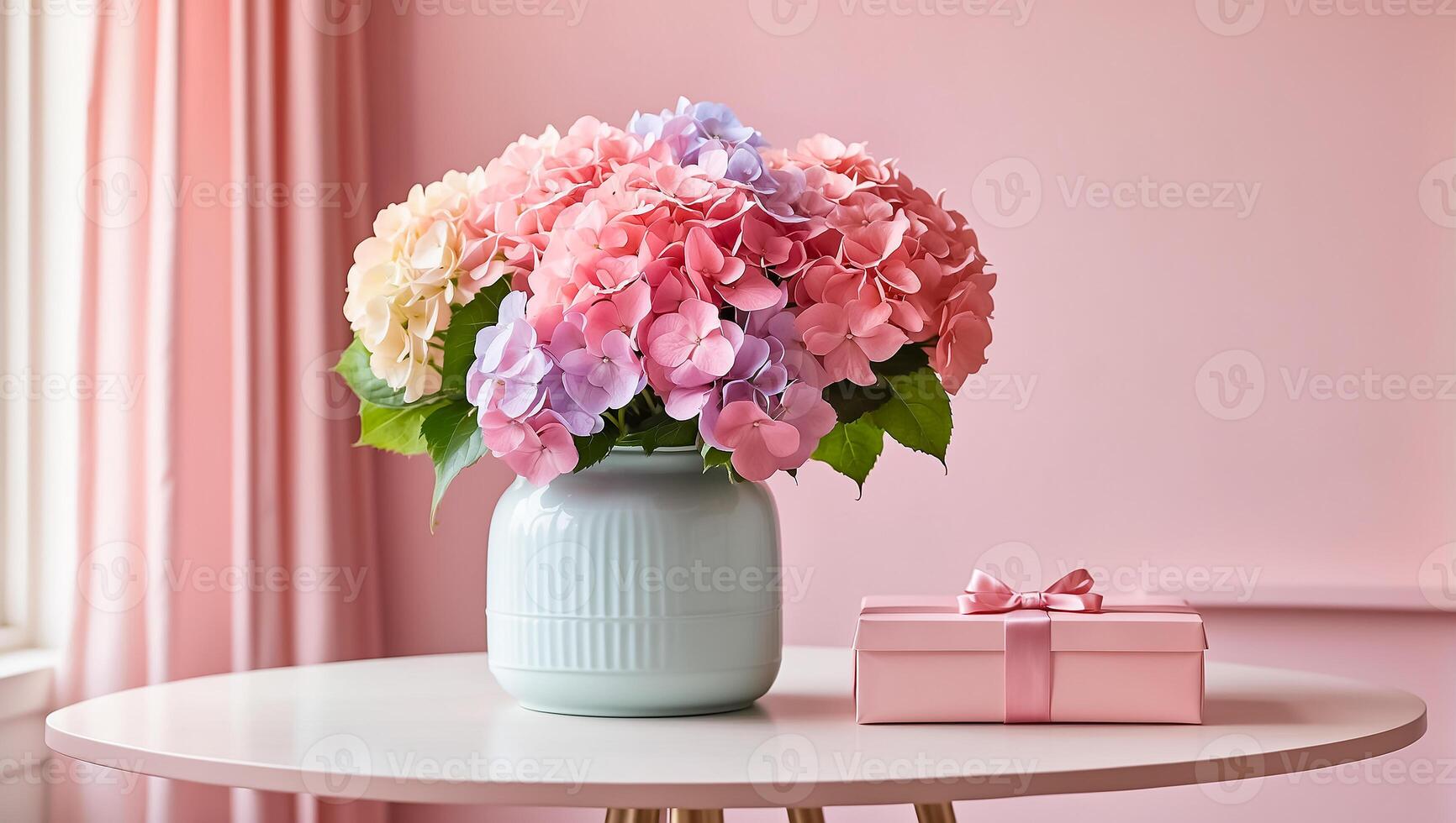 AI generated Beautiful vase with hydrangea flowers, gift box on the table photo