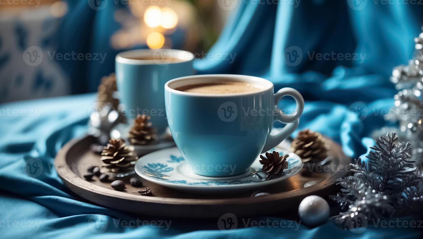 ai generado hermosa tazas con café en un bandeja, un pino cono, un Navidad árbol rama, en el dormitorio foto