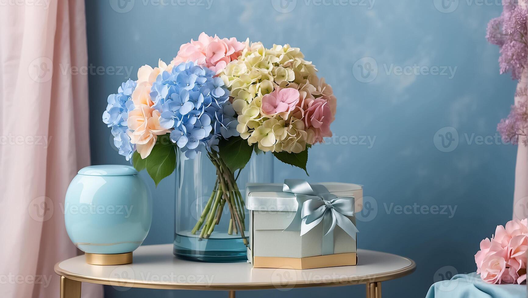 AI generated Beautiful vase with hydrangea flowers, gift box on the table photo