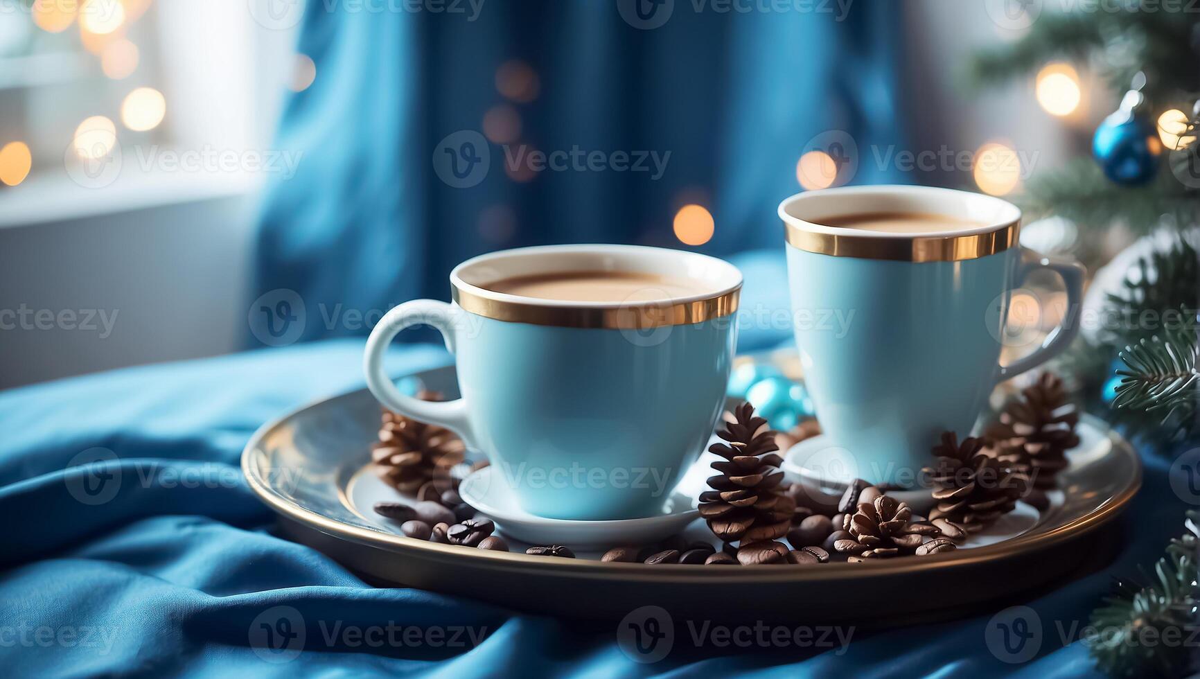 AI generated Beautiful cups with coffee on a tray, a pine cone, a Christmas tree branch, in the bedroom photo