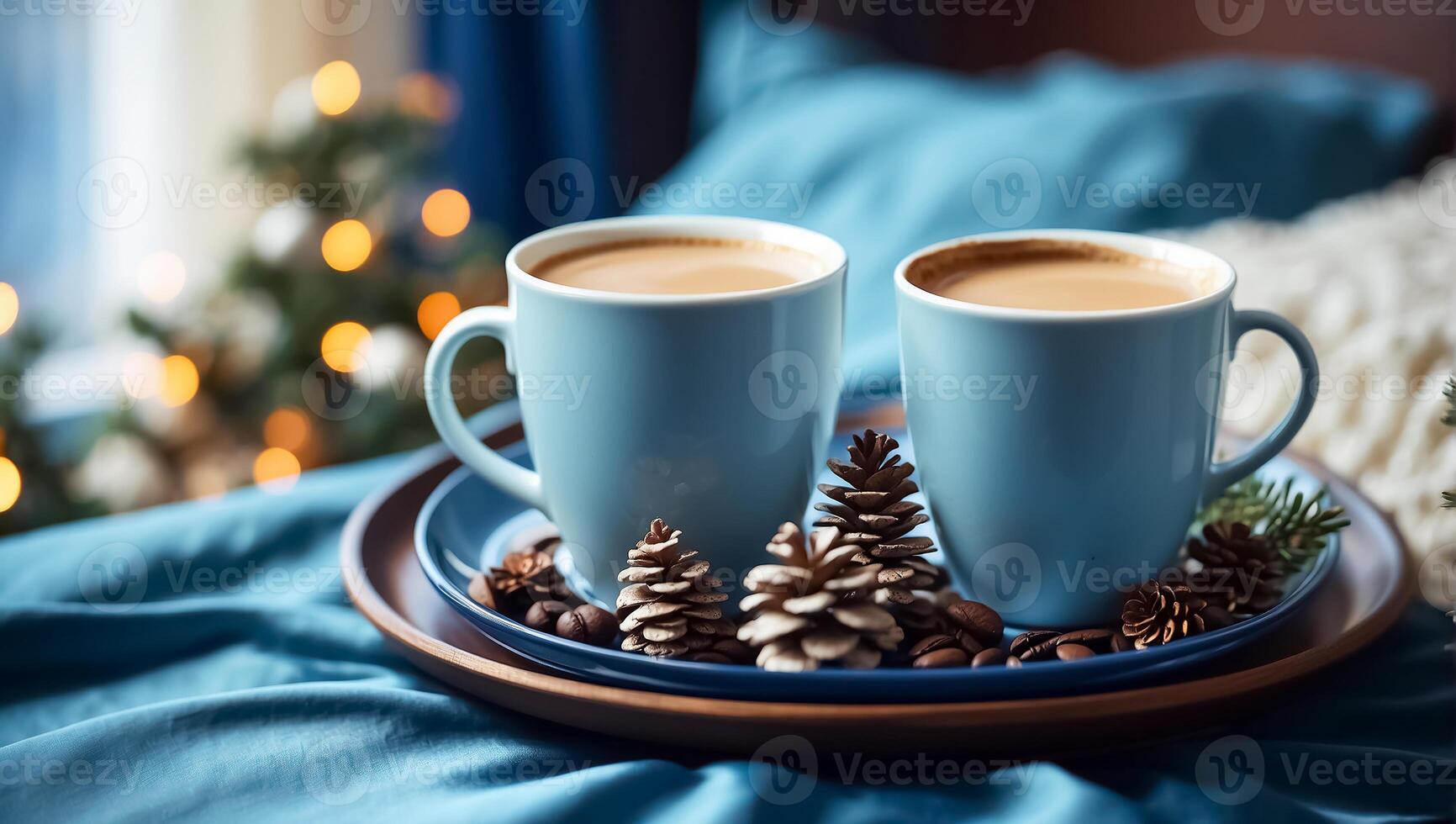 AI generated Beautiful cups with coffee on a tray, a pine cone, a Christmas tree branch, in the bedroom photo