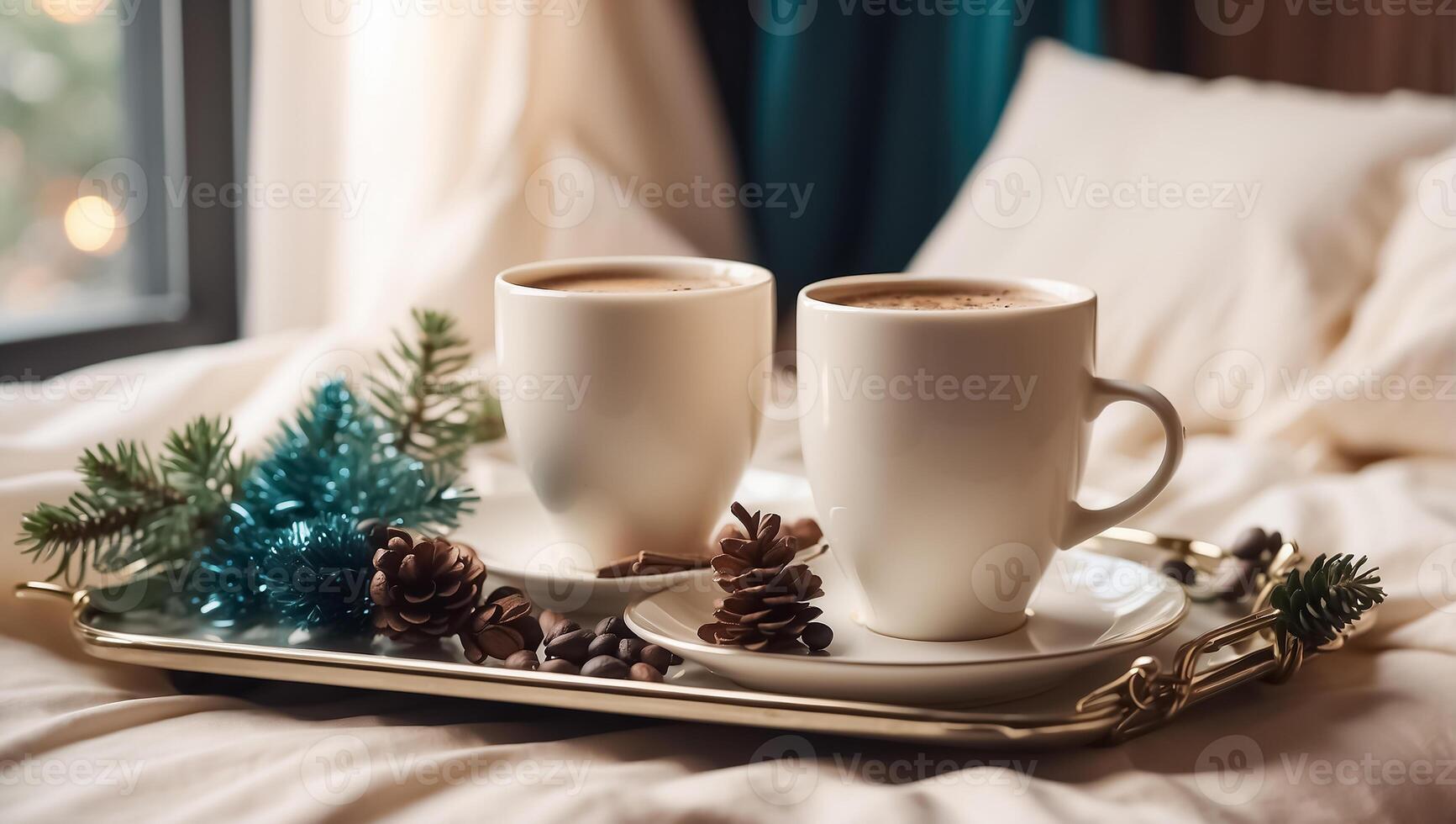 ai generado hermosa tazas con café en un bandeja, un pino cono, un Navidad árbol rama, en el dormitorio foto