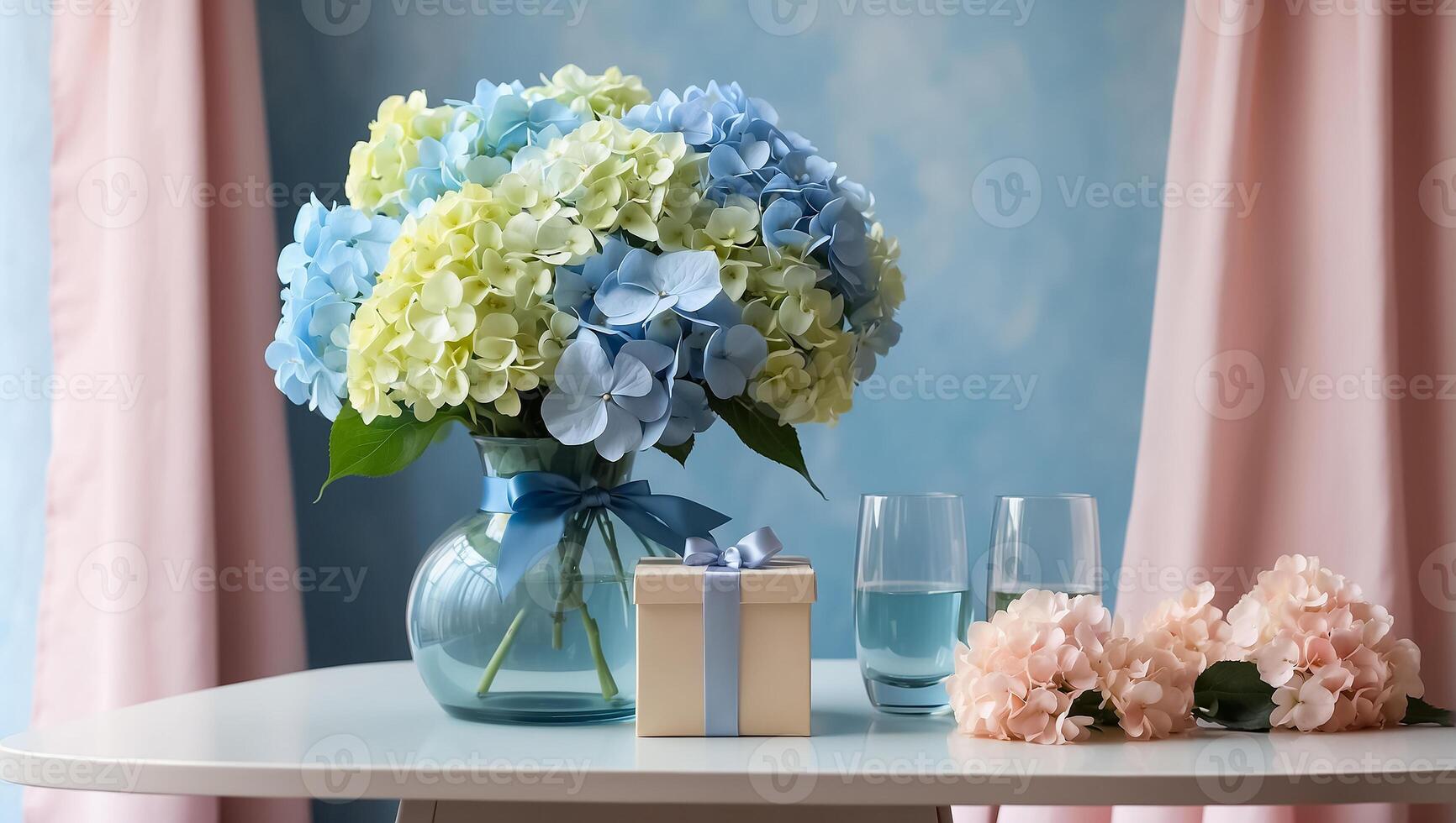AI generated Beautiful vase with hydrangea flowers, gift box on the table photo