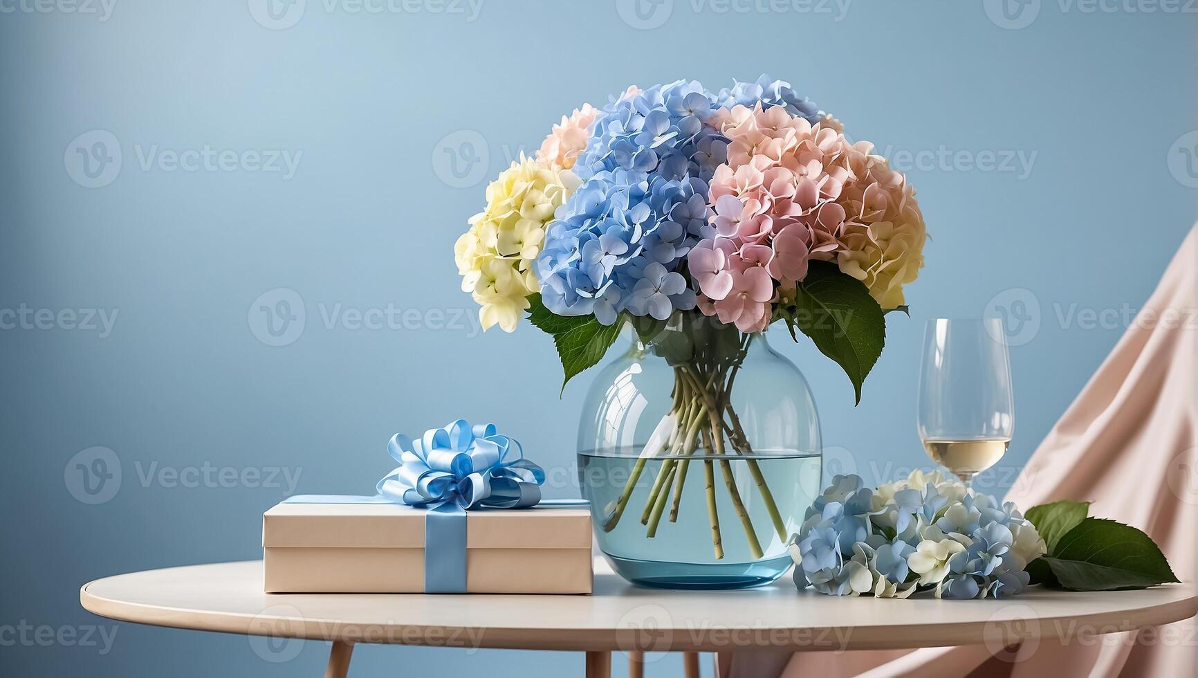 AI generated Beautiful vase with hydrangea flowers, gift box on the table photo