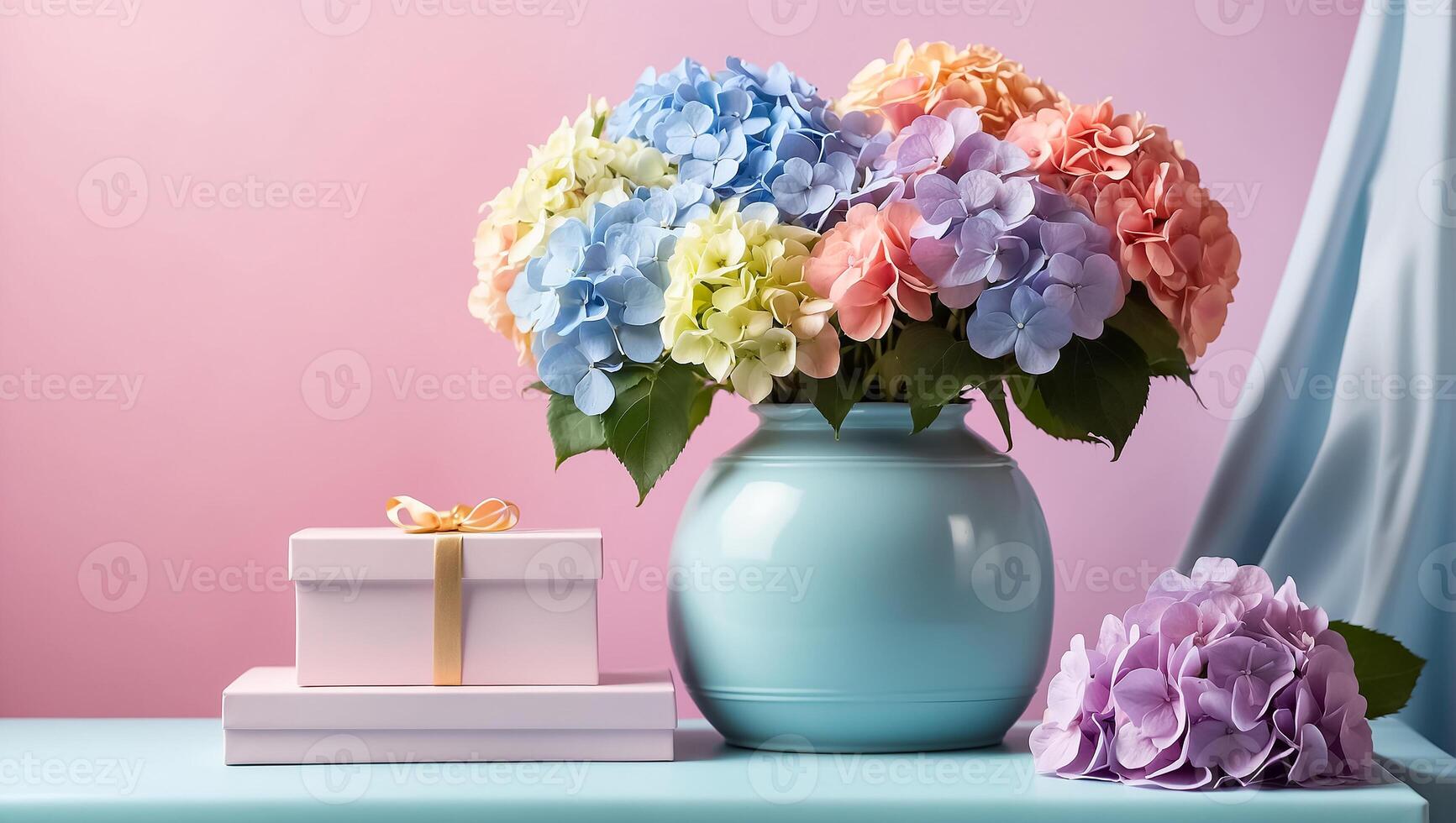 AI generated Beautiful vase with hydrangea flowers, gift box on the table photo