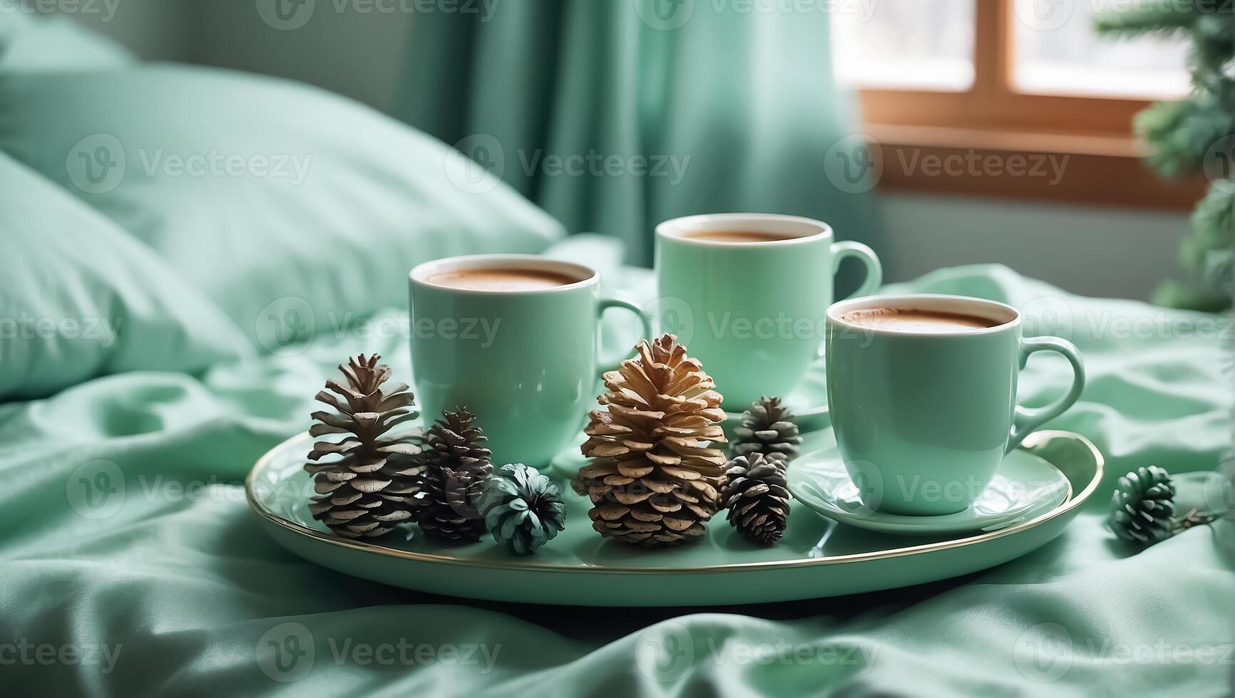 AI generated Beautiful cups with coffee on a tray, a pine cone, a Christmas tree branch, in the bedroom photo