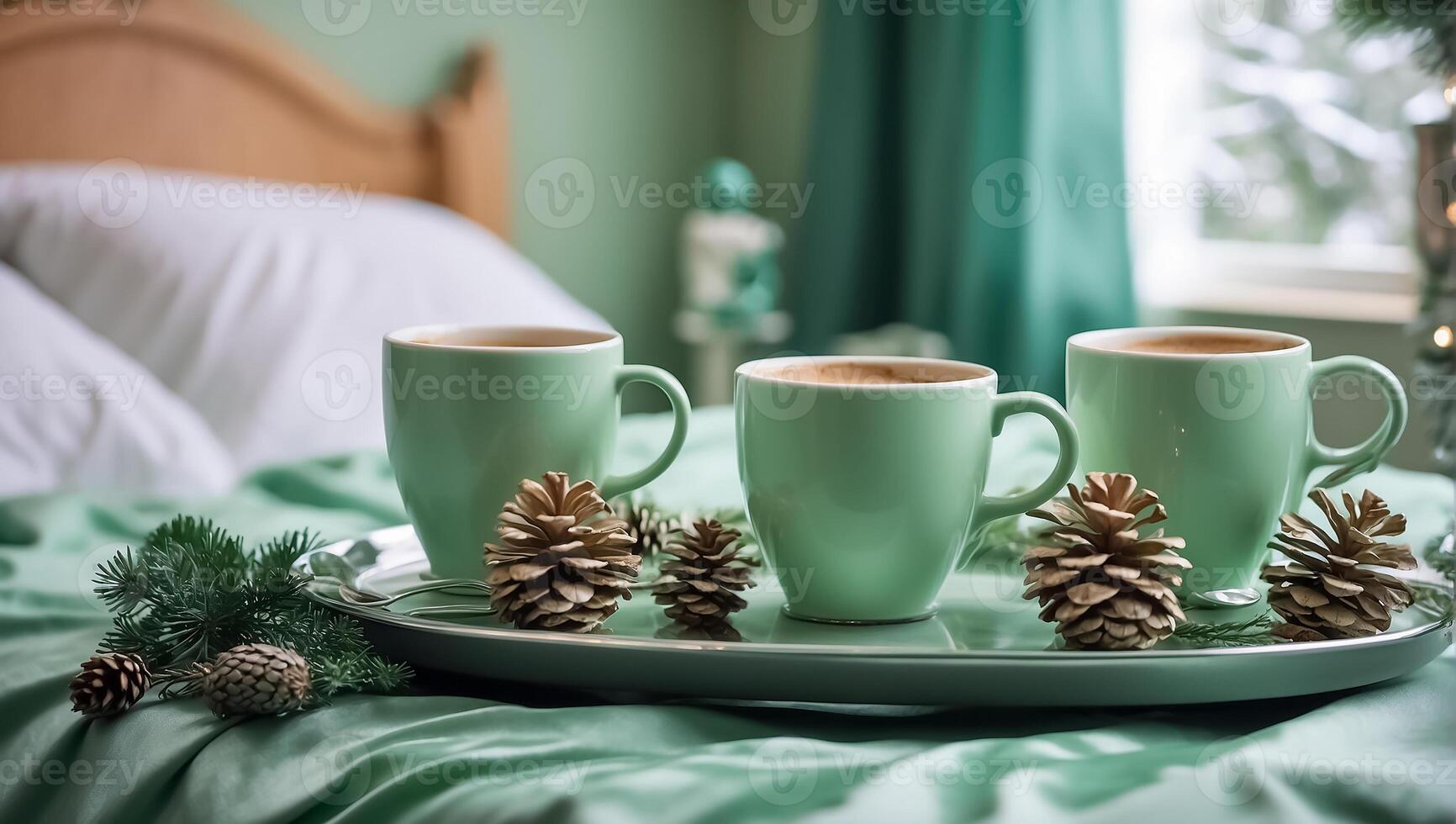 AI generated Beautiful cups with coffee on a tray, a pine cone, a Christmas tree branch, in the bedroom photo