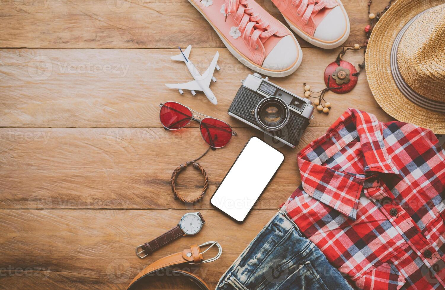 Travel accessories costumes. Passports, luggage, The cost of travel maps prepared for the trip photo