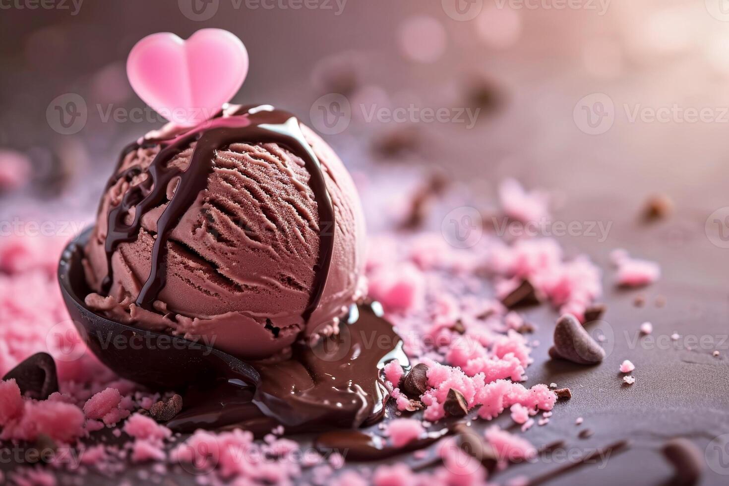 AI generated Balls of pink ice cream covered with chocolate. Strawberry flavor photo