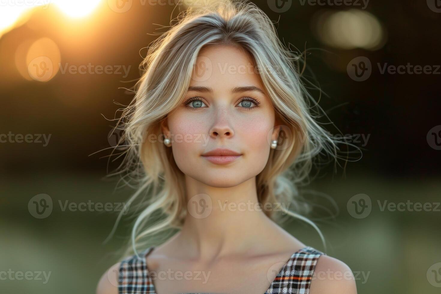 AI generated Portrait of a young beautiful girl with blonde hair in summer in a field in the sunlight photo