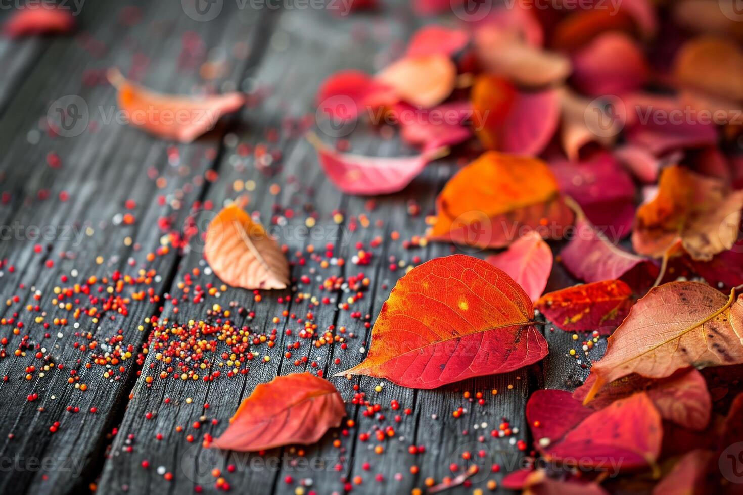AI generated Autumn red leaves on a blue wooden background photo