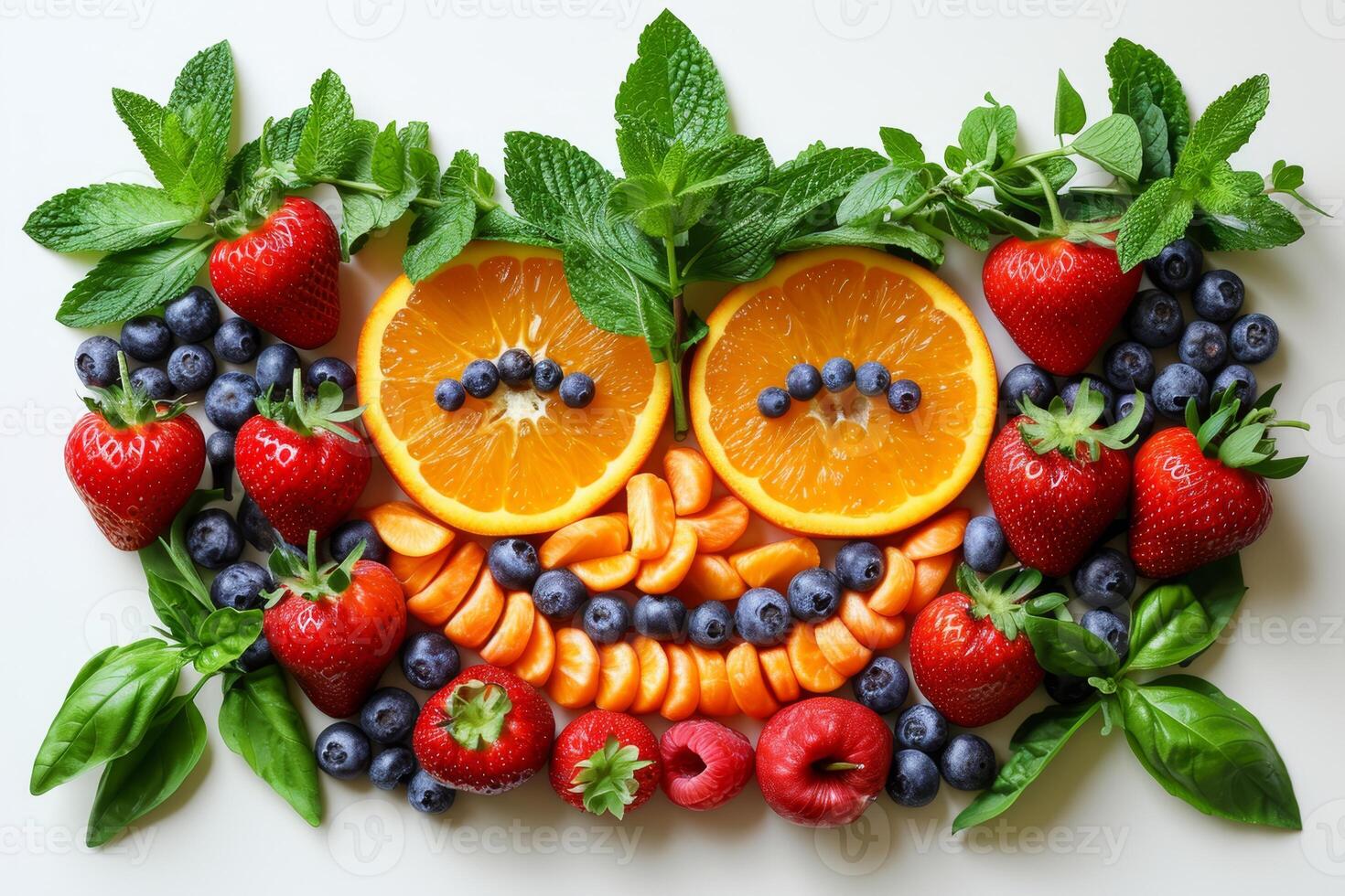 AI generated Vegetables and fruits are laid out on a white background photo