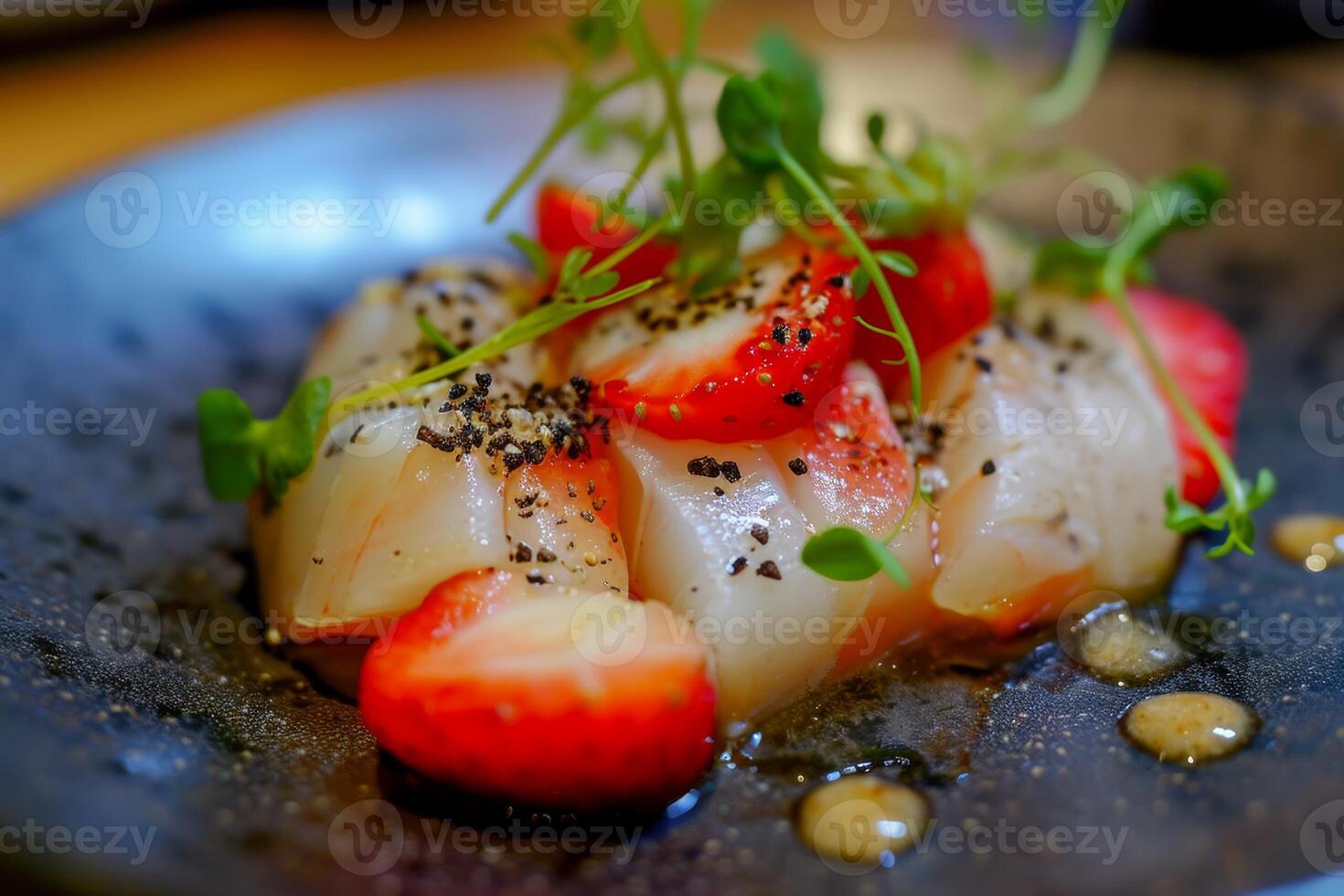 AI generated Scallop crudo with strawberries and black pepper photo