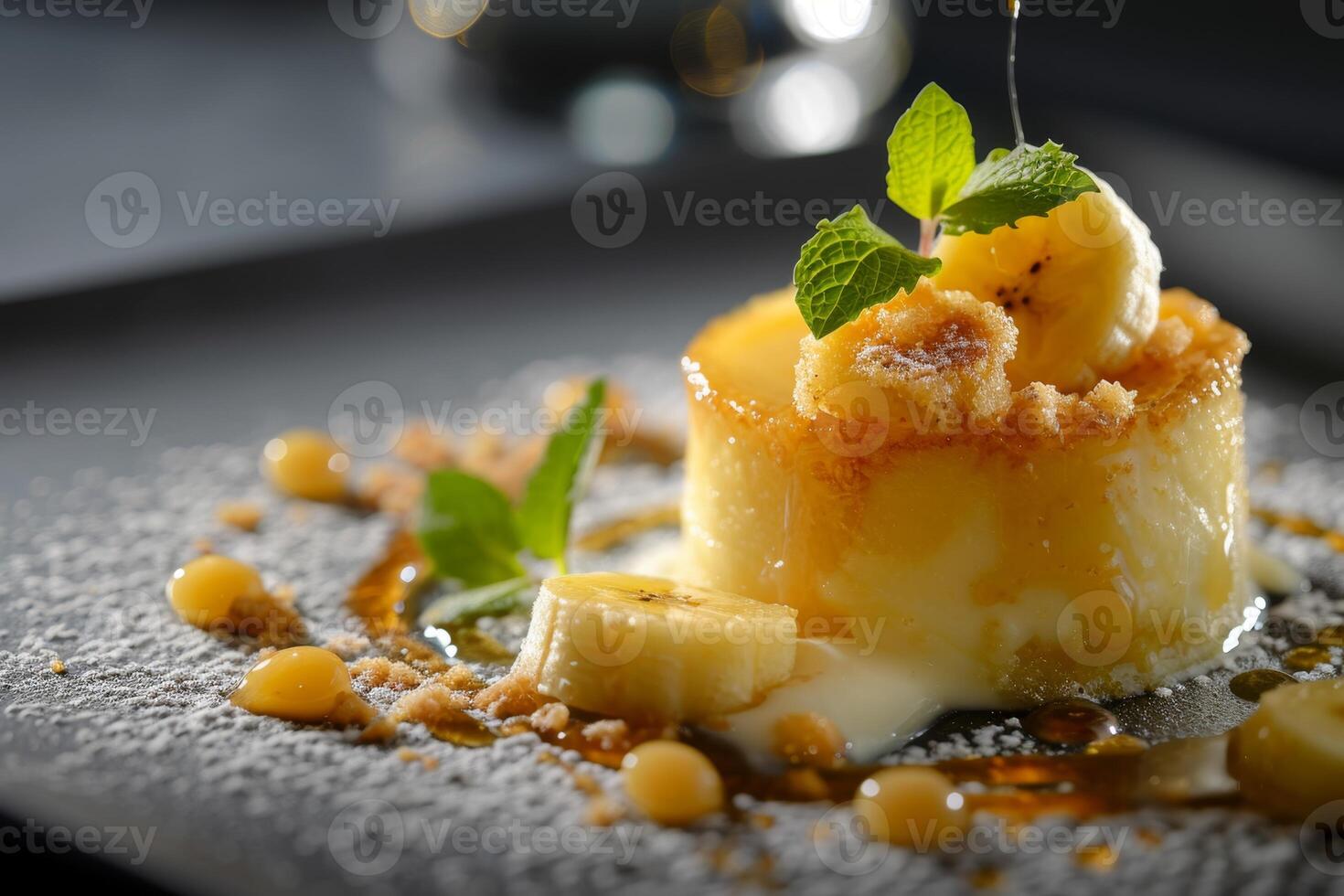 AI generated A slice of cheesecake with caramel sauce, banana and mint on a plate photo