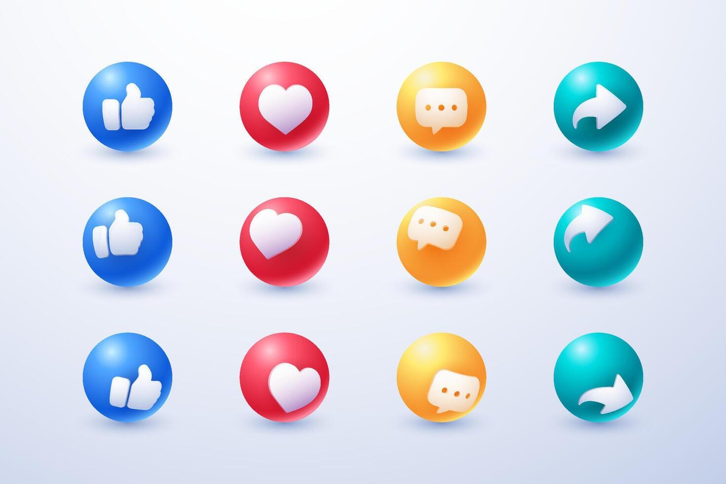 social media circle icon set thumbs, comment, share and love 3d style vector