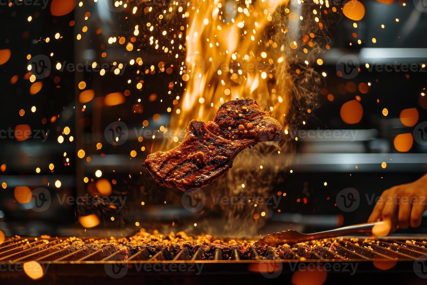 AI generated A hearty steak on fire, sizzling on a hot grill photo