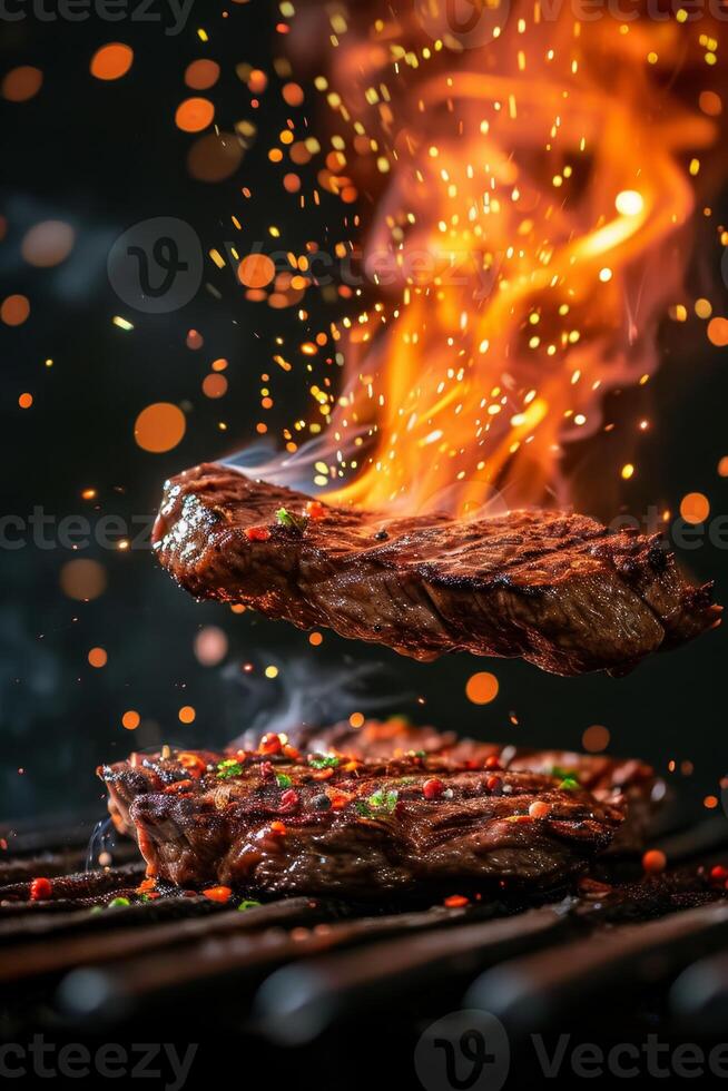 AI generated A hearty steak on fire, sizzling on a hot grill photo