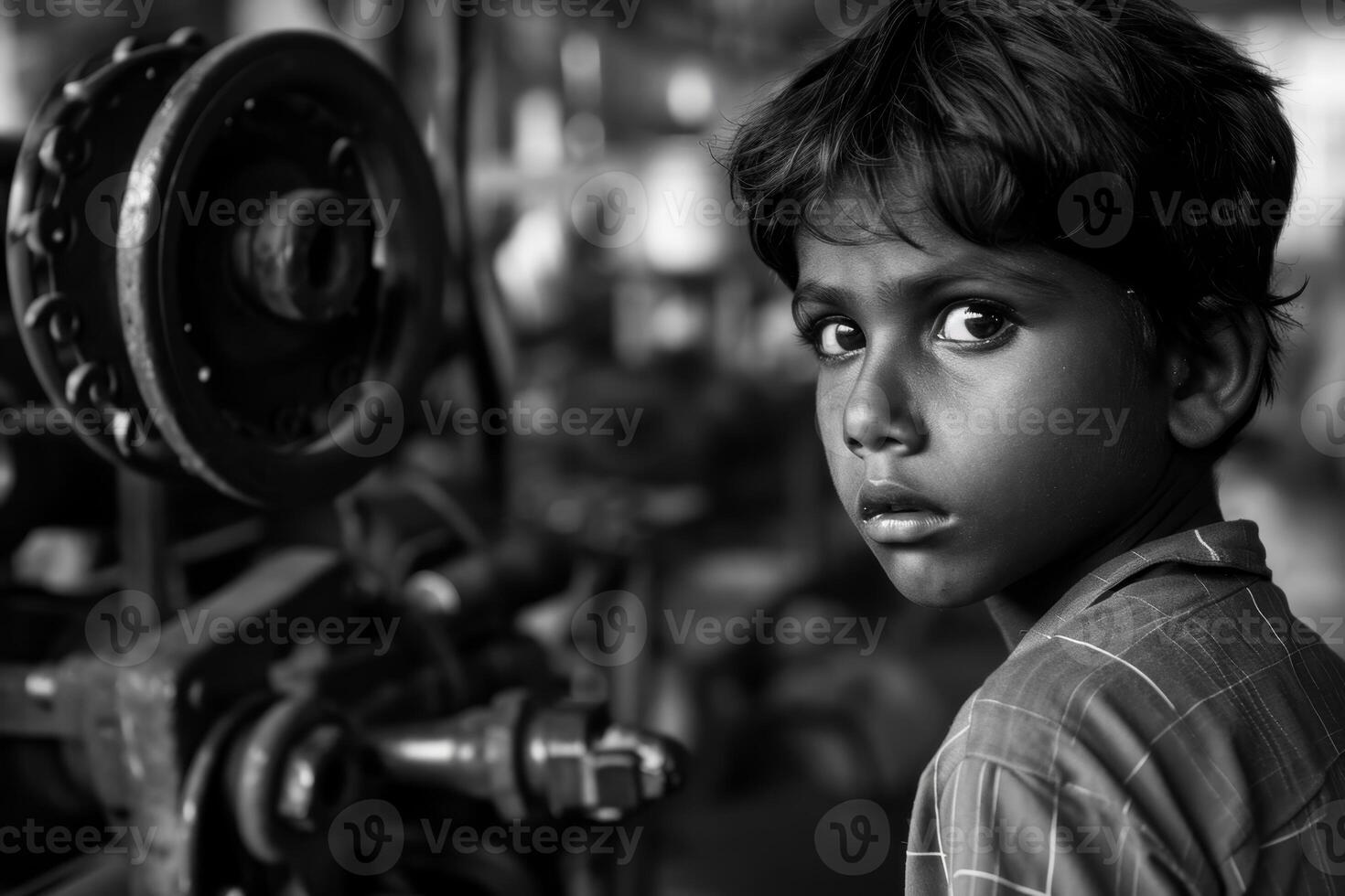 AI generated Portrait of an Asian Boy at work. Child labor. Black and white photo