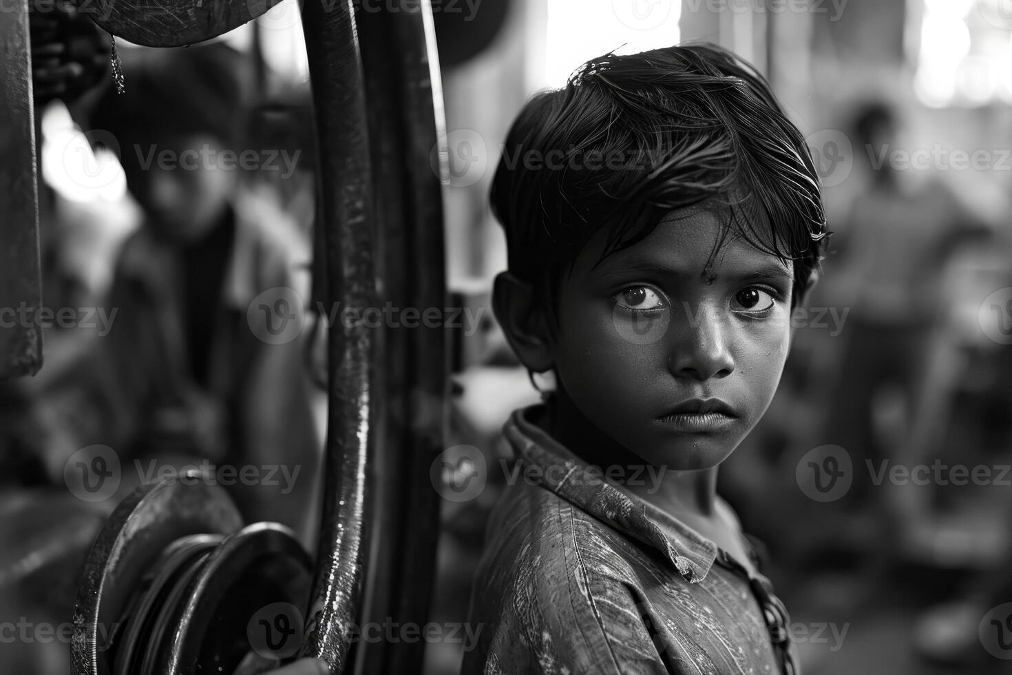 AI generated Portrait of an Asian Boy at work. Child labor. Black and white photo