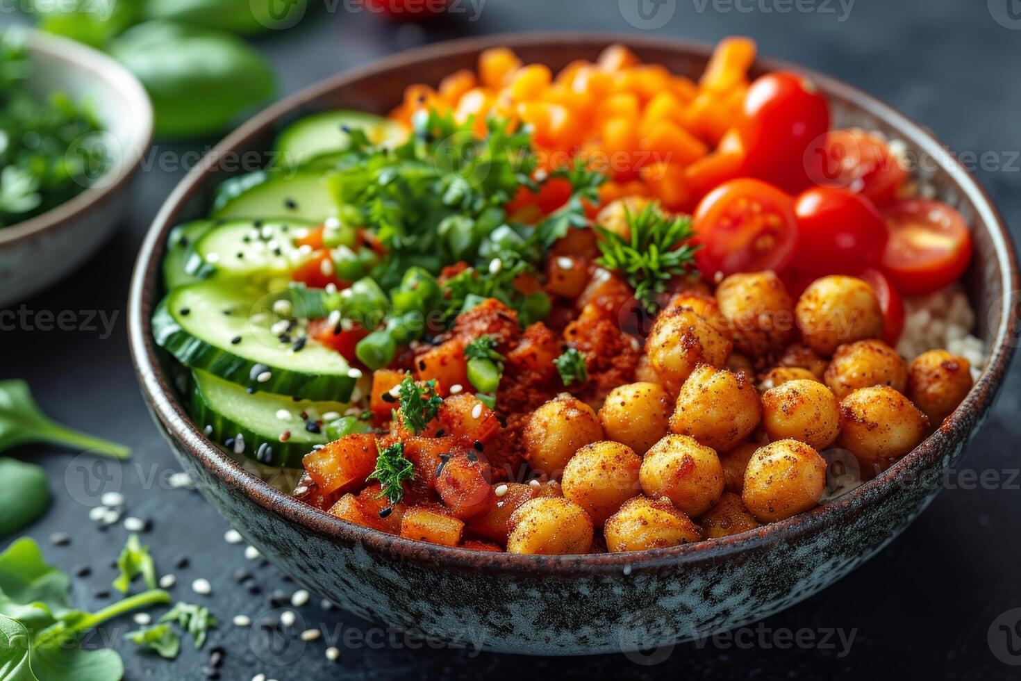 AI generated Dishes of a vegan or vegetarian restaurant with a view from above, an assortment of dishes of traditional Indian cuisine on a blue background photo