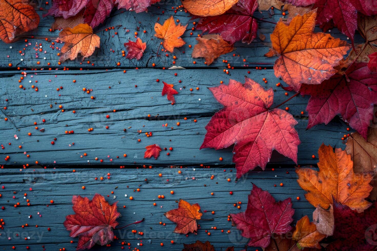 AI generated Autumn red leaves on a blue wooden background photo